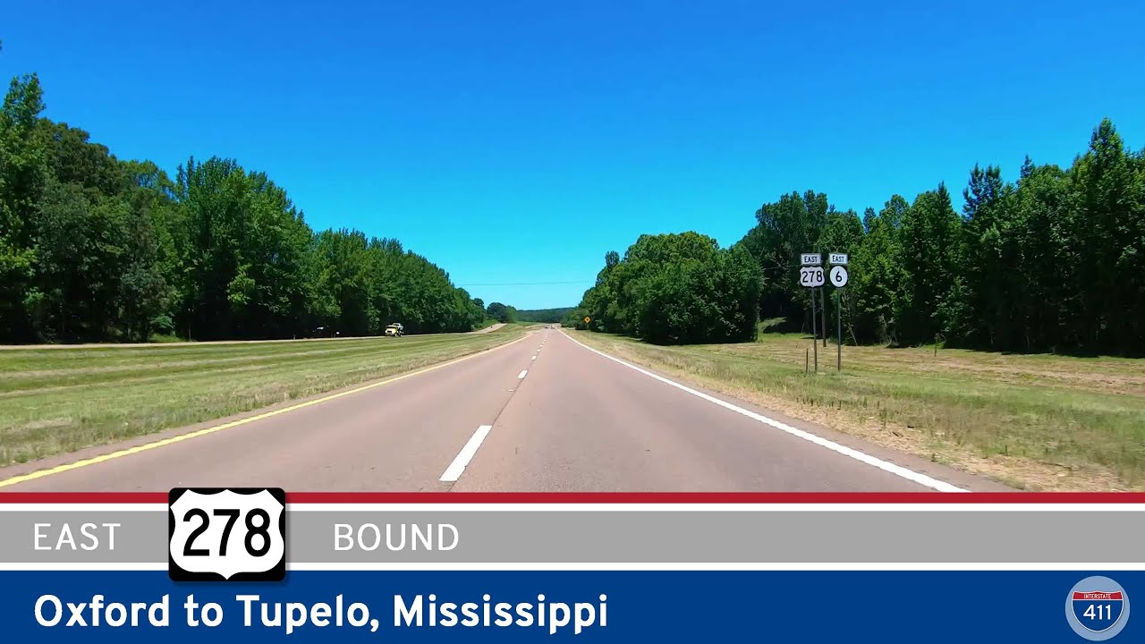 Cruise 59 miles along U.S. Route 278 from Oxford to Tupelo, Mississippi. This four-lane drive offers scenic woodlands, college-town charm, access to Trace State Park, and a finish at the historic Natchez Trace Parkway near Elvis Presley's hometown.